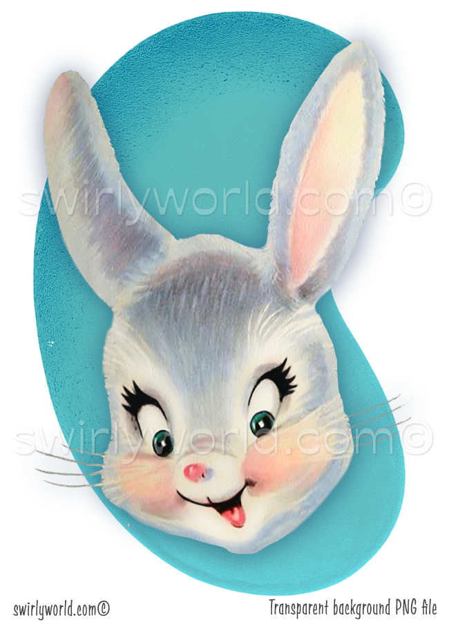 Mid-century modern style 1940s-1950s vintage white bunny rabbit head on a retro MCM pastel pink boomerang shaped background.