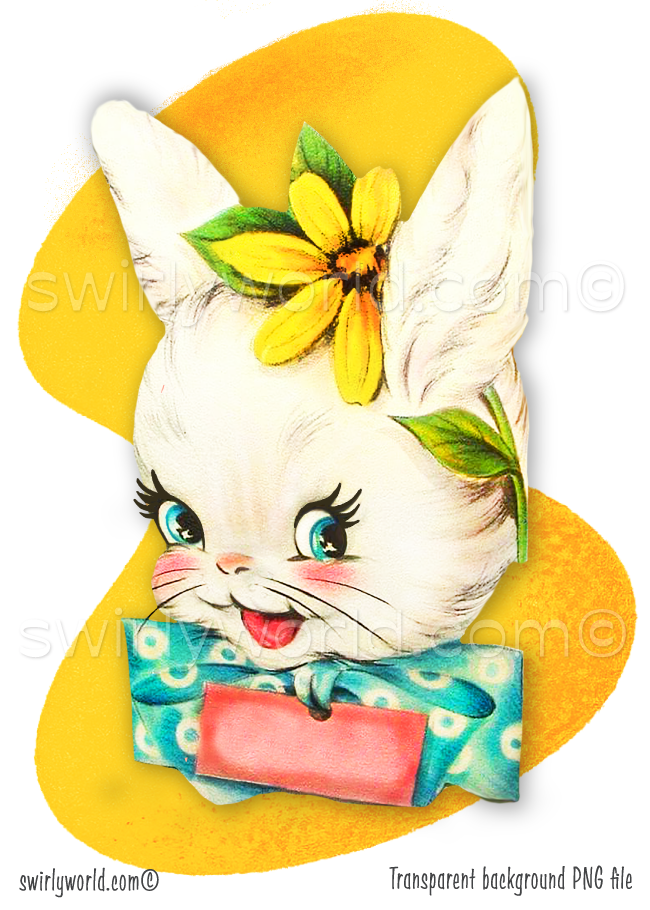 Mid-century modern style 1940s-1950s vintage white bunny head with blue bow and spring flowers on a retro MCM pastel yellow boomerang shaped background.