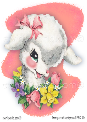 Mid-century modern style 1940s-1950s vintage white lamb with pink satin bow wearing a wreath of spring flowers on a retro MCM pastel pink boomerang shaped background.