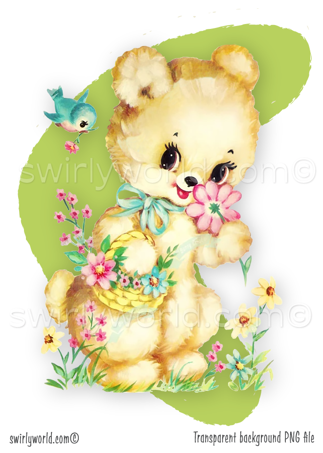 Rare vintage ephemera image of retro 1940s-1950s kitsch pastel baby stuffed bear with spring flowers in garden  against atomic mcm mid-century modern shaped retro green boomerang background. Perfect for a baby's nursery.