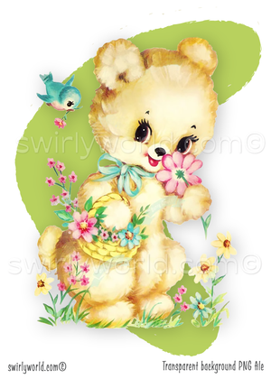 Rare vintage ephemera image of retro 1940s-1950s kitsch pastel baby stuffed bear with spring flowers in garden  against atomic mcm mid-century modern shaped retro green boomerang background. Perfect for a baby's nursery.