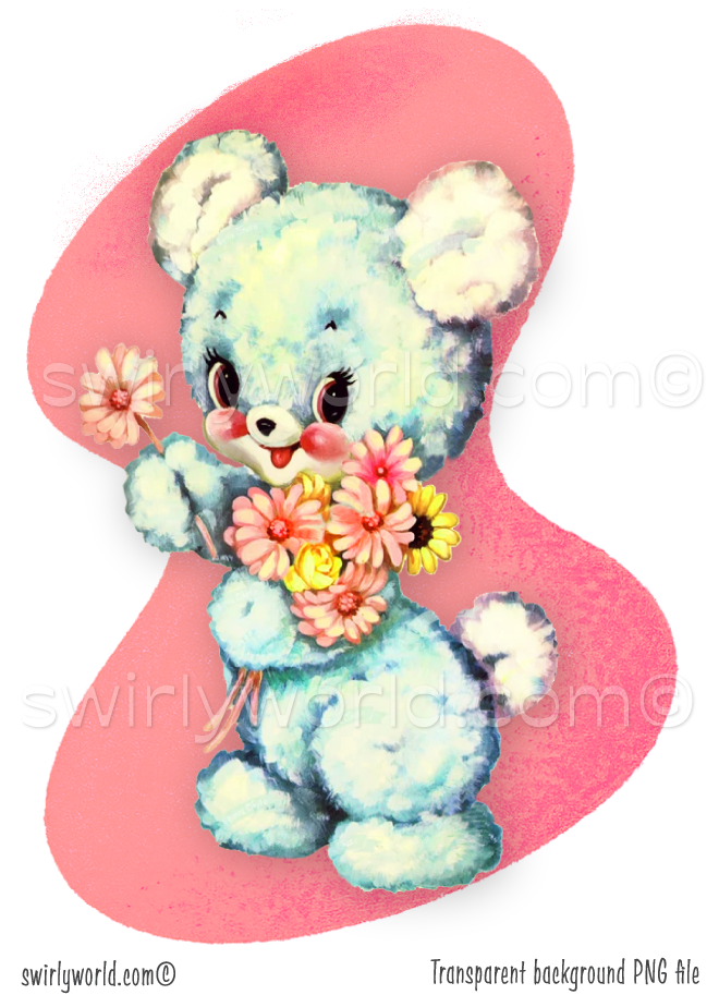 Rare vintage ephemera image of retro 1940s-1950s kitsch pastel white baby bear with flower bouquet, against atomic mcm mid-century modern shaped powder pink background. Perfect for a baby's nursery.
