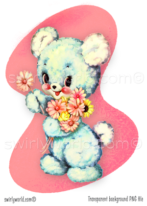 Rare vintage ephemera image of retro 1940s-1950s kitsch pastel white baby bear with flower bouquet, against atomic mcm mid-century modern shaped powder pink background. Perfect for a baby's nursery.