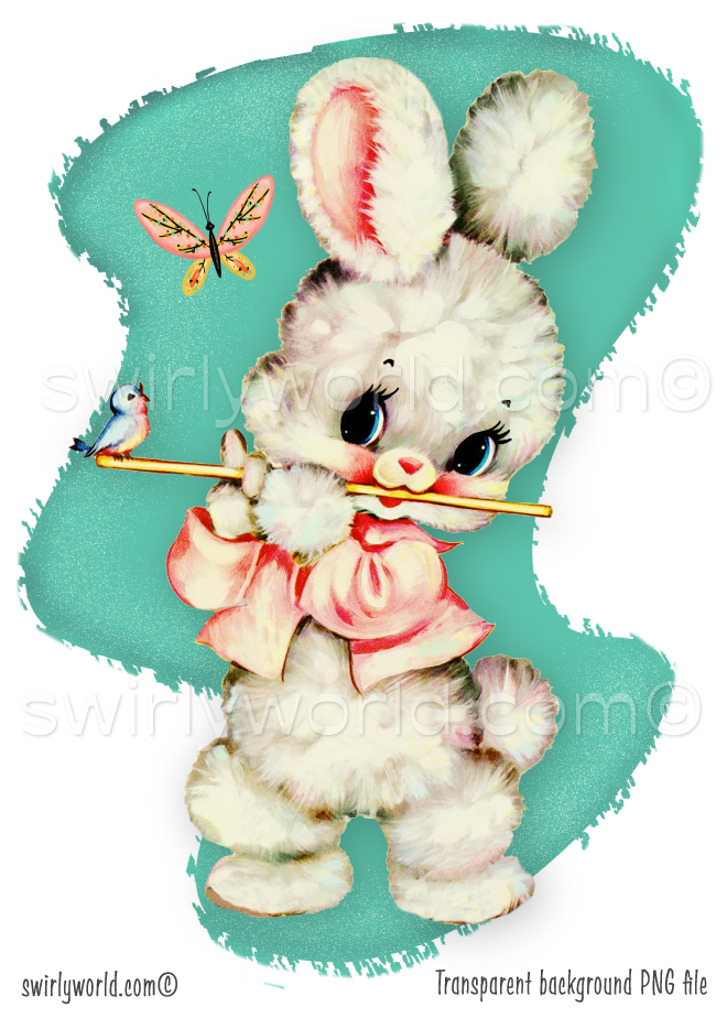 Rare vintage ephemera image of retro 1940s-1950s kitsch pastel white baby bunny with pink satin bow against atomic mcm mid-century modern shaped aqua blue background. Perfect for a baby's nursery.