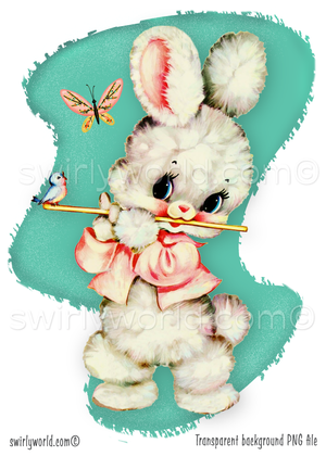Rare vintage ephemera image of retro 1940s-1950s kitsch pastel white baby bunny with pink satin bow against atomic mcm mid-century modern shaped aqua blue background. Perfect for a baby's nursery.