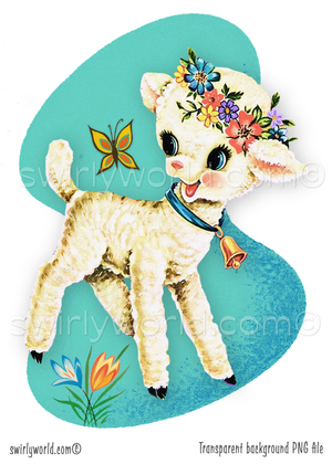 Rare vintage ephemera image of retro 1940s-1950s kitsch pastel white baby lamb with flower wreath crown against atomic mcm mid-century modern shaped aqua blue background. Perfect for a baby's nursery.