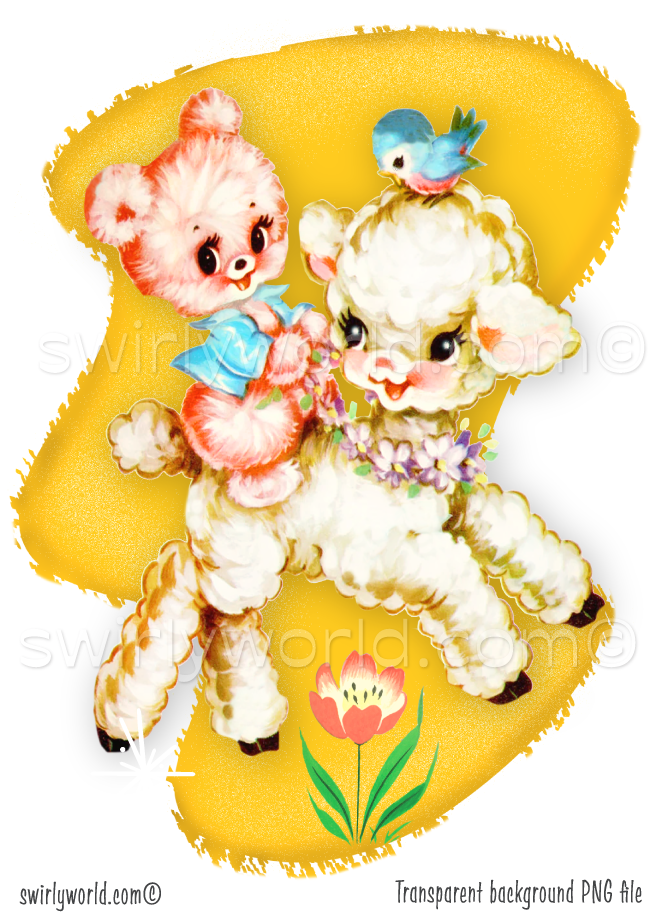 Rare vintage ephemera image of retro 1940s-1950s kitsch pastel pink bear with white baby lamb with kitschy bluebird against atomic mcm mid-century modern shaped yellow background. Perfect for a baby's nursery.