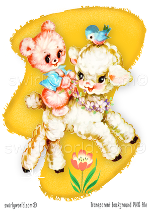 Rare vintage ephemera image of retro 1940s-1950s kitsch pastel pink bear with white baby lamb with kitschy bluebird against atomic mcm mid-century modern shaped yellow background. Perfect for a baby's nursery.