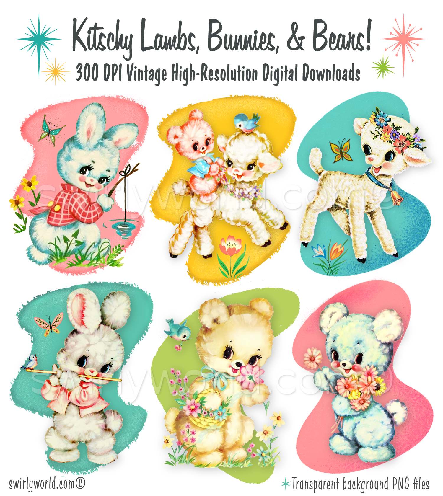 Collection of rare vintage ephemera imagery of retro 1940s-1950s kitsch animals for baby's nursery. Featuring baby white lambs, bunnies, and bears. 