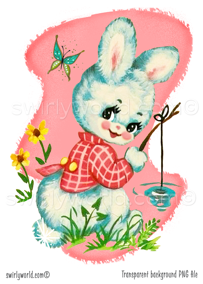Rare vintage ephemera image of retro 1940s-1950s kitsch pastel blue bunny rabbit fishing in pond with atomic mcm mid-century modern shaped pink background. Perfect for a baby's nursery.