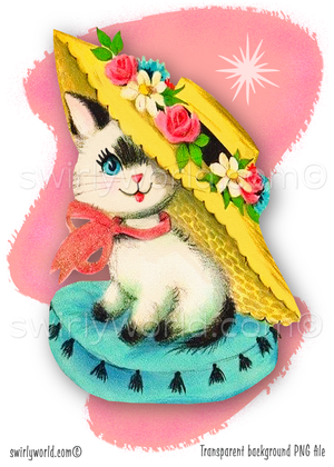 A rare 1940s-1950s style kitschy spot art illustration on a mid-century modern, pink boomerang shaped background with starbursts, featuring a Siamese kitten wearing a big straw hat with flowers; perfect for a baby's vintage style nursery