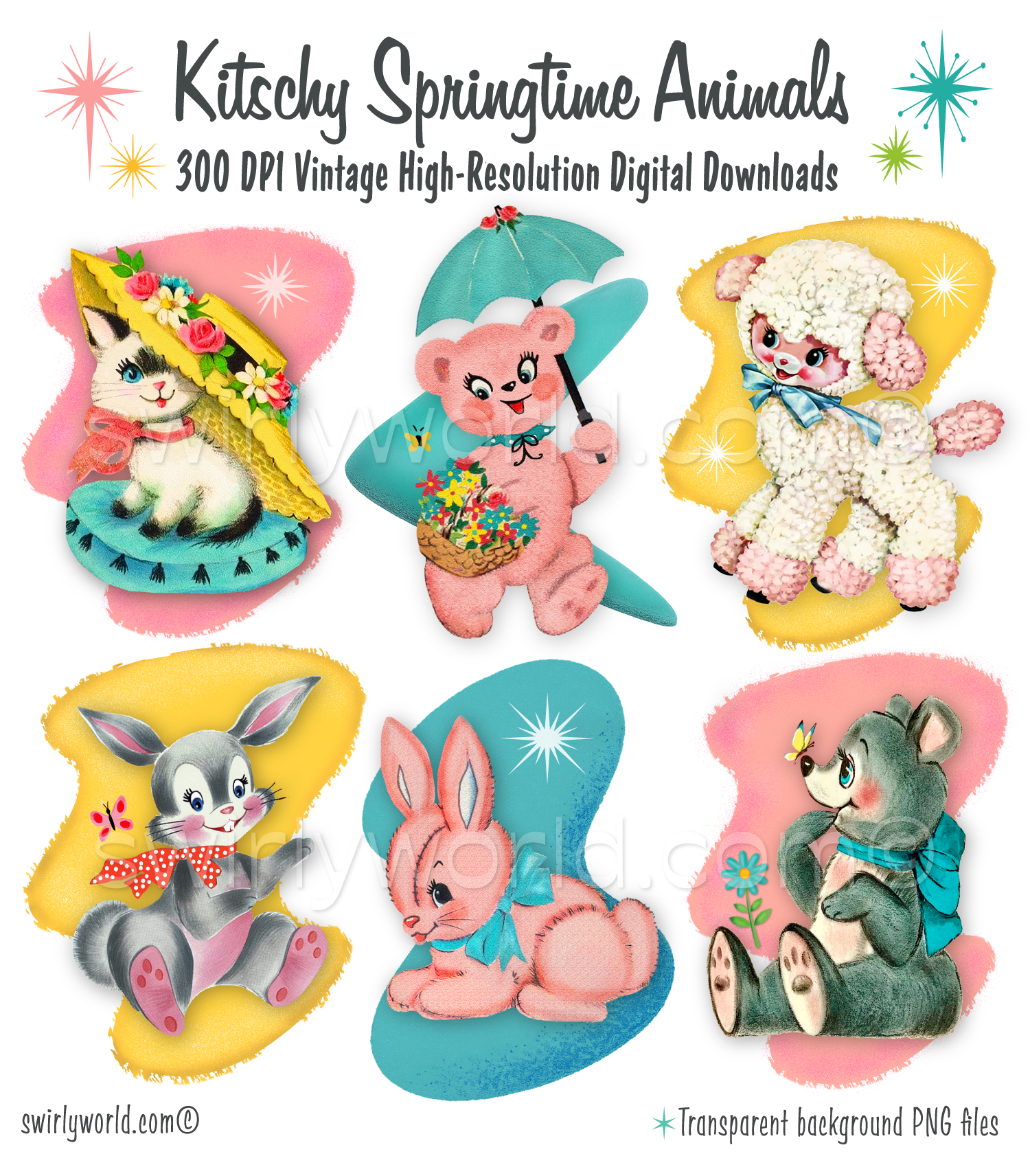 A collection of rare 1940s-1950s style kitschy spot art illustrations on mid-century modern backgrounds featuring bears, lambs, bunny rabbits, kitten, and lambs perfect for a baby's vintage style nursery.