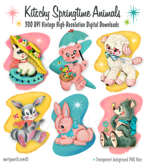 A collection of rare 1940s-1950s style kitschy spot art illustrations on mid-century modern backgrounds featuring bears, lambs, bunny rabbits, kitten, and lambs perfect for a baby's vintage style nursery.
