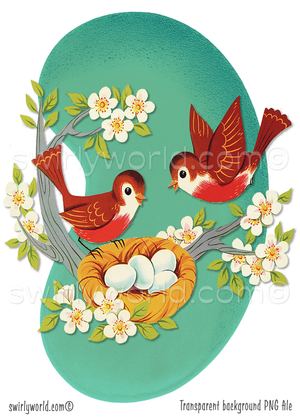 Vintage style mid-century modern digital downloadable retro kitschy birds with nest of eggs. Each retro illustration is set against a mcm style aqua blue green background with atomic starbursts.