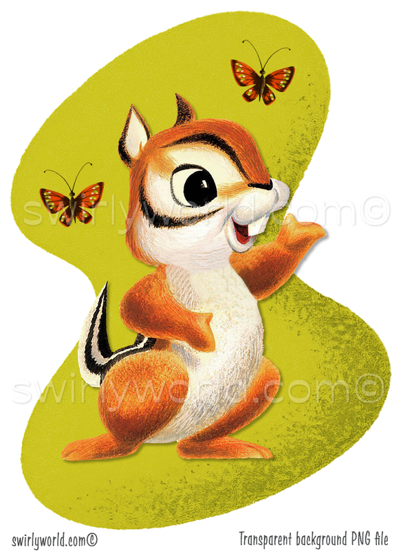 Vintage style mid-century modern rare collection of digital downloadable baby forest animals featuring birds, chipmunks, squirrels, deers, beavers, and bunnies. Each retro illustration is set against a mcm style background with atomic starbursts.