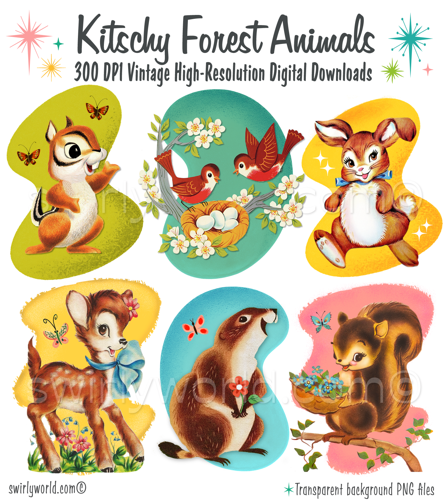 Vintage style mid-century modern rare collection of digital downloadable baby forest animals featuring birds, chipmunks, squirrels, deers, beavers, and bunnies. Each retro illustration is set against a mcm style background with atomic starbursts.