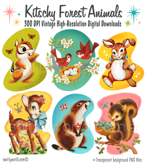 Vintage style mid-century modern rare collection of digital downloadable baby forest animals featuring birds, chipmunks, squirrels, deers, beavers, and bunnies. Each retro illustration is set against a mcm style background with atomic starbursts.