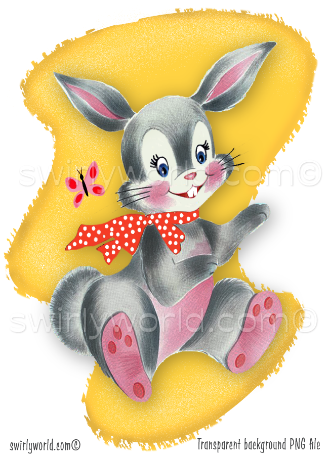 A rare 1940s-1950s style kitschy spot art illustration on a mid-century modern, yellow boomerang shaped background with starbursts, featuring a gray and pink rabbit wearing a red polkadot scarf; perfect for a baby's vintage style nursery.