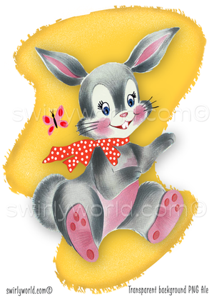 A rare 1940s-1950s style kitschy spot art illustration on a mid-century modern, yellow boomerang shaped background with starbursts, featuring a gray and pink rabbit wearing a red polkadot scarf; perfect for a baby's vintage style nursery.