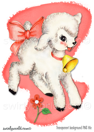 Vintage 1940s-1950s baby white lamb, springtime image illustration with mid-century modern pink background.