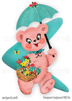 A rare 1940s-1950s style kitschy spot art illustration on a mid-century modern, blue boomerang shaped background with starbursts, featuring a pink bear with a blue umbrella carrying a basket of flowers; perfect for a baby's vintage style nursery.