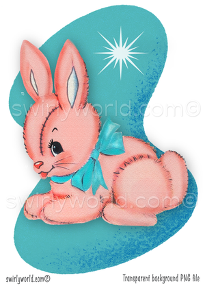 A rare 1940s-1950s style kitschy spot art illustration on a mid-century modern, blue boomerang shaped background with starbursts, featuring a retro stuffed pink bunny rabbit  wearing a blue bow; perfect for a baby's vintage style nursery.