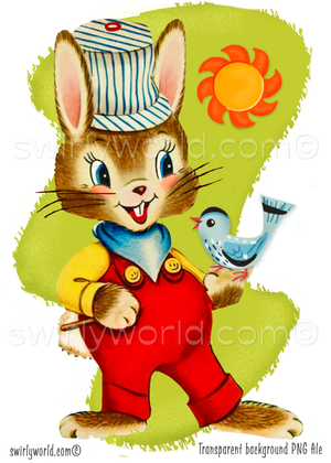 A retro kitschy bunny rabbit wearing a train conductor engineer uniform and he's holding a bluebird. The spot art is set against a mid-century modern geometric shape in a green color. The styling is 1940s-1950s vintage storybook with a textured and polished  painterly look.