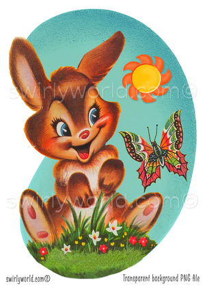 This retro 1940s-1950s vintage style retro kitschy bunny rabbit and butterfly with flowers set against a mid-century modern boomerang shaped retro aqua blue background. 