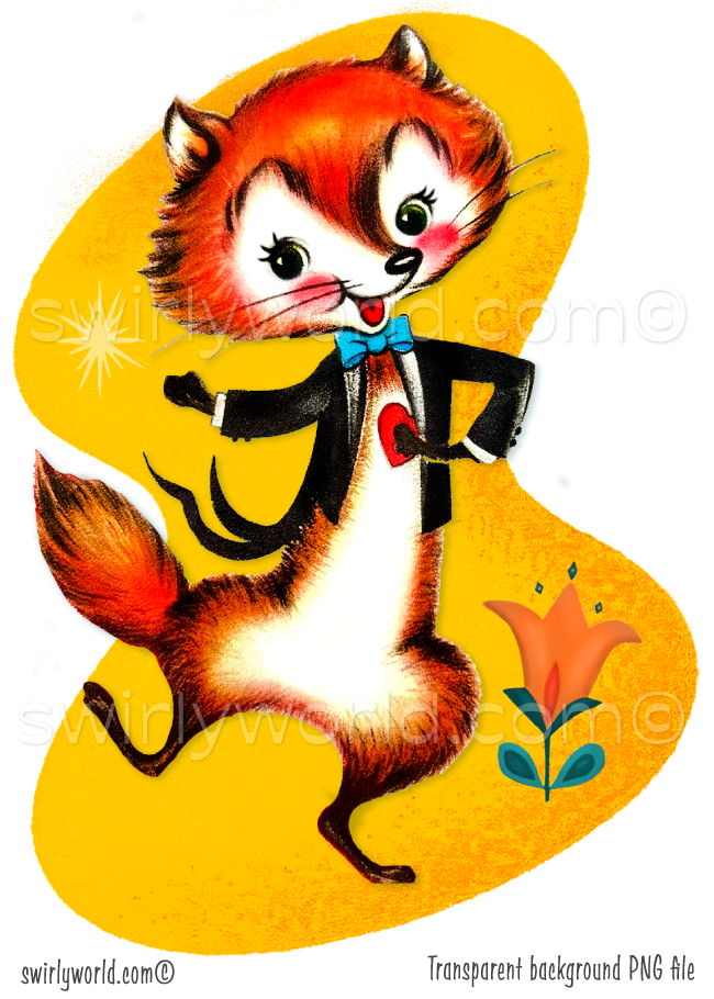 A retro kitschy fox wearing a tuxedo and bowtie. The spot art is set against a mid-century modern geometric shape in a sunny yellow color. The styling is 1940s-1950s vintage storybook with a textured and polished watercolor, painterly look.