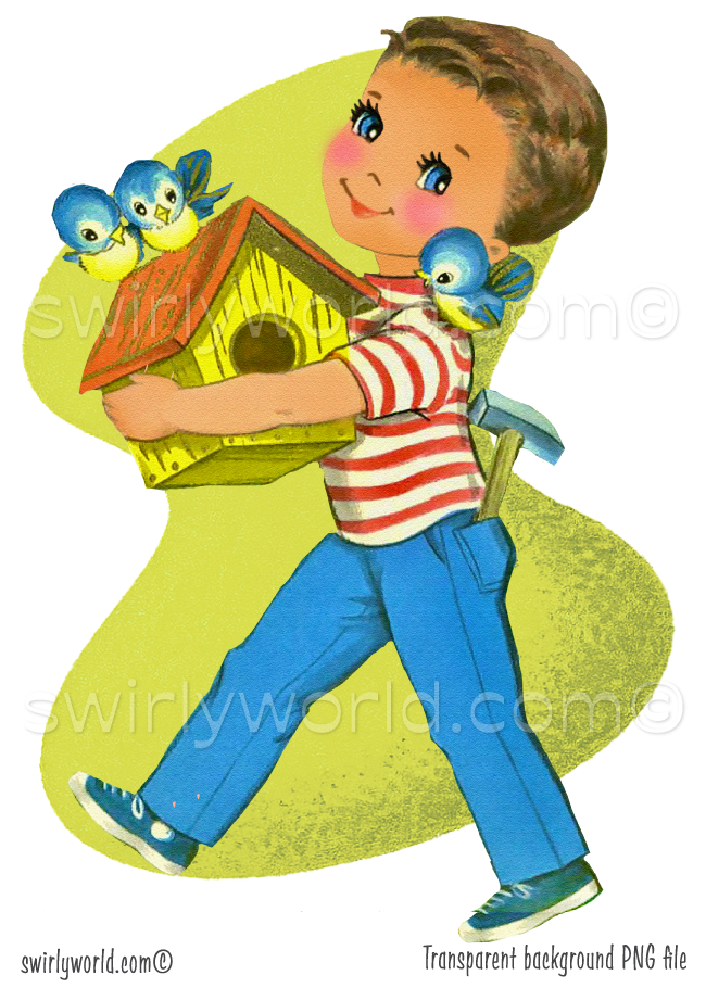 1940s-1950s vintage boy child building a birdhouse with a family of bluebirds. Set against a mid-century modern shaped background with retro atomic starbursts.