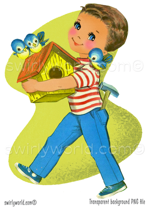 1940s-1950s vintage boy child building a birdhouse with a family of bluebirds. Set against a mid-century modern shaped background with retro atomic starbursts.
