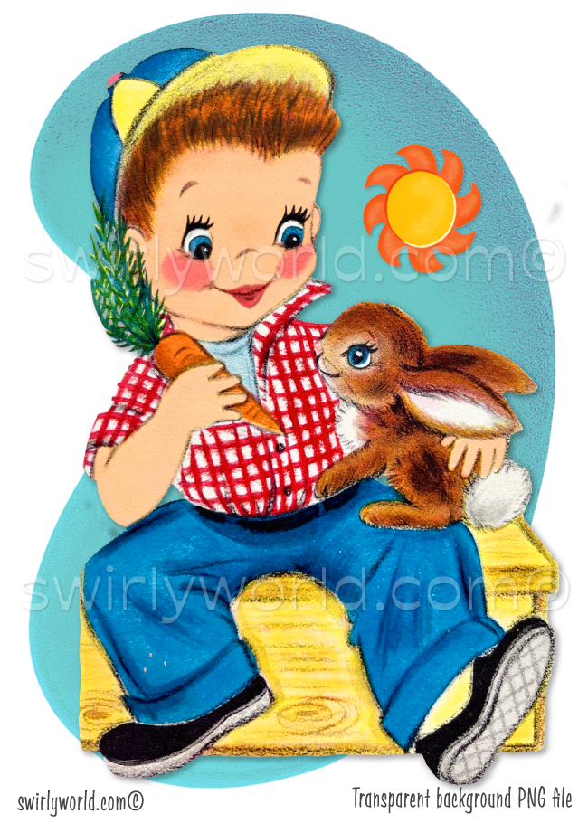 1940s-1950s vintage boy child holding a baby bunny rabbit while feeding it a carrot with a sun in the backdrop. Set against a mid-century modern shaped aqua blue background .