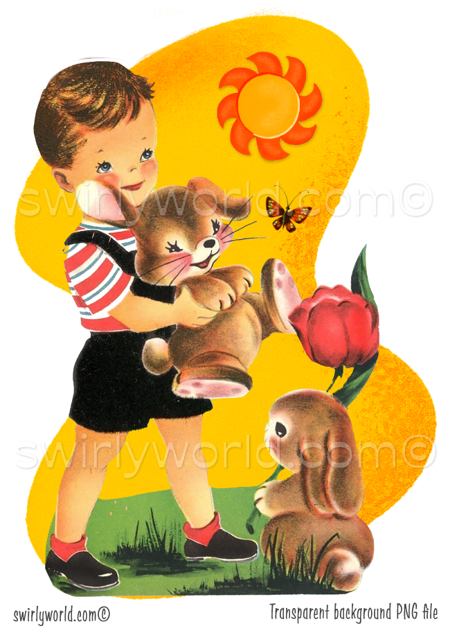 Vintage Kitschy Spring Easter Girls and Boys Clipart – 1940s-1950s Mid-Century PNG Bundle – Digital Downloads