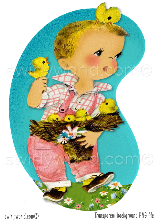 1940s-1950s vintage boy child holding baby chicks in a straw-hat basket. Set against a mid-century modern shaped aqua blue background with retro style flowers.