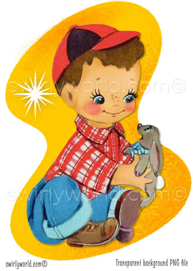 1940s-1950s vintage boy child in ball cap holding a baby bunny rabbit. Set against a mid-century modern shaped background with retro atomic starbursts.