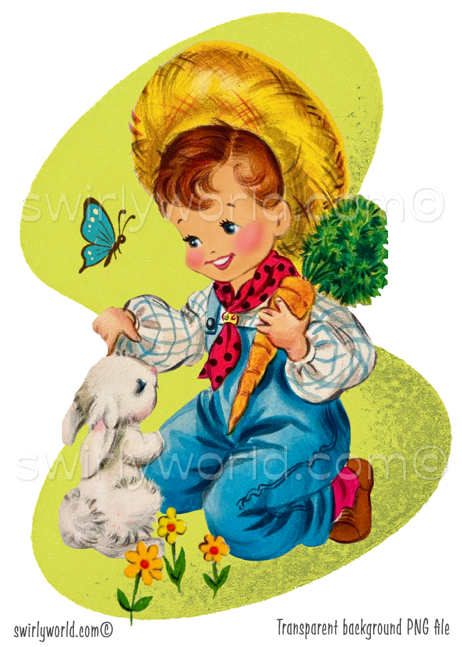 Vintage Kitschy Spring Easter Girls and Boys Clipart – 1940s-1950s Mid-Century PNG Bundle – Digital Downloads