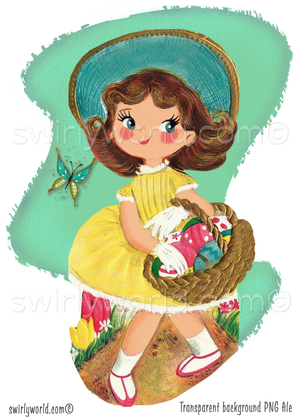1940s-1950s vintage girl child holding a basket of dyed Easter eggs walking through a garden in her Victorian style dress and bonnet with butterfly flying above. Set against a mid-century modern shaped aqua blue background with retro style flowers.