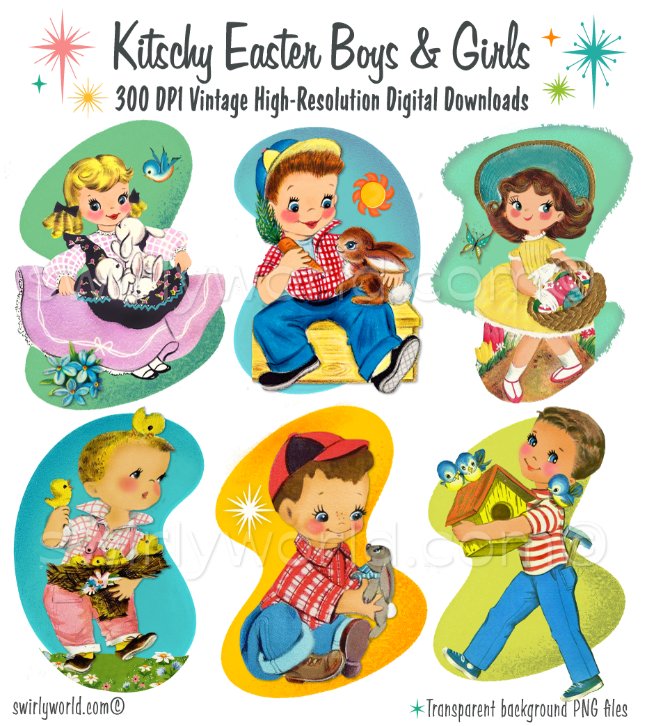 A rare collection of 1940s-1950s Easter theme Springtime images that feature vintage style kitschy boys and girls holding baby bunnies, chicks, and birds which have mid-century modern shaped backgrounds in vibrant colors and atomic starbursts.