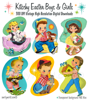 A rare collection of 1940s-1950s Easter theme Springtime images that feature vintage style kitschy boys and girls holding baby bunnies, chicks, and birds which have mid-century modern shaped backgrounds in vibrant colors and atomic starbursts.