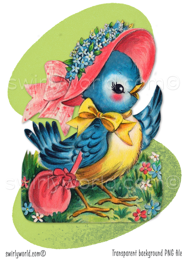 Vintage Kitschy Spring Easter Birds Clipart – 1940s-1950s Mid-Century PNG Bundle – Digital Downloads