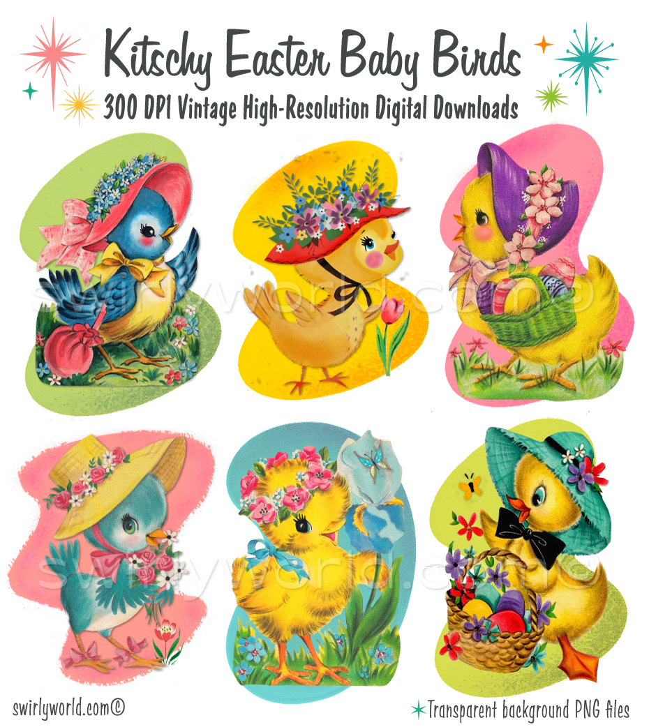 Vintage Kitschy Spring Easter Birds Clipart – 1940s-1950s Mid-Century PNG Bundle – Digital Downloads