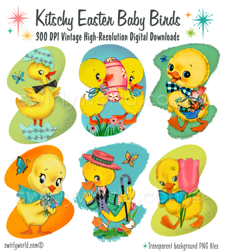 Vintage Kitschy Spring Easter Ducks and Chicks Clipart – 1940s-1950s Mid-Century PNG Bundle – Digital Downloads
