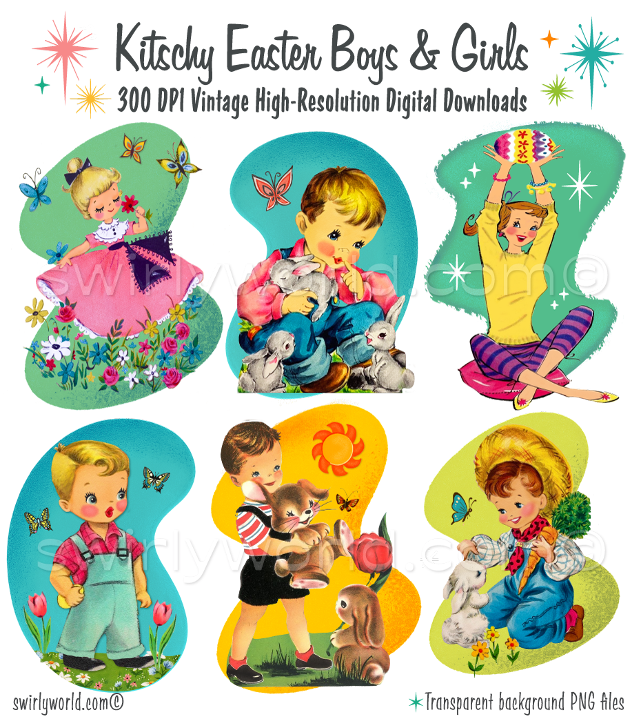 Vintage Kitschy Spring Easter Girls and Boys Clipart – 1940s-1950s Mid-Century PNG Bundle – Digital Downloads