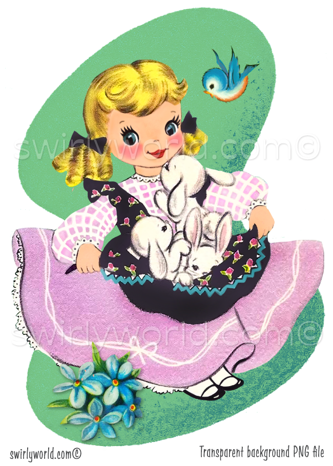A rare collection of 1940s-1950s Easter theme Springtime images that feature vintage style kitschy boys and girls holding baby bunnies, chicks, and birds which have mid-century modern shaped backgrounds in vibrant colors and atomic starbursts.