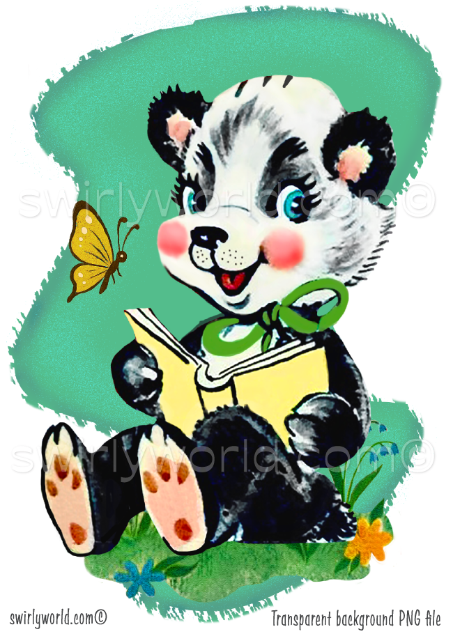 A retro kitschy panda bear reading a book while sitting in a garden with a fluttering butterfly. The spot art is set against a mid-century modern geometric shape in a teal blue color. The styling is 1940s-1950s vintage storybook with a textured and polished watercolor painterly look.