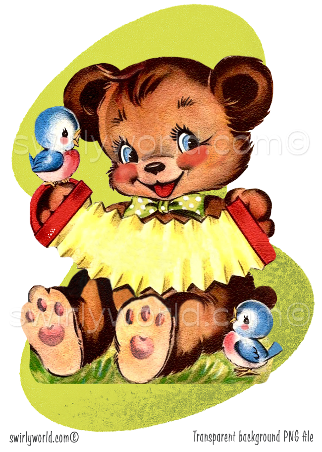 This retro 1940s-1950s vintage style retro kitschy bear playing an accordian  with cute bluebirds set against a mid-century modern boomerang shaped retro green background. 