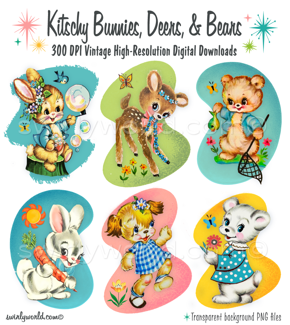 A rare collection of vintage 1940s-1950s style woodland forest animals like bears, bunny rabbits, and deers that are perfect for a retro, mid-century modern kitschy baby nursery. Illustrations have mcm shaped boomerang and kidney bean backgrounds.