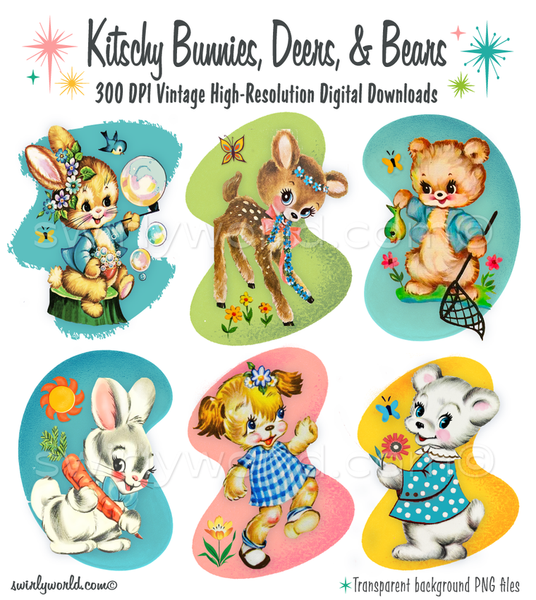 A rare collection of vintage 1940s-1950s style woodland forest animals like bears, bunny rabbits, and deers that are perfect for a retro, mid-century modern kitschy baby nursery. Illustrations have mcm shaped boomerang and kidney bean backgrounds.