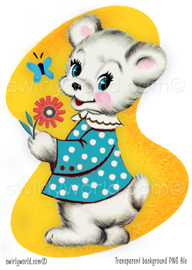 Vintage 1940s-1950s style kitschy white teddy bear in blue polkadot dress holding a spring flower, against a retro mid-century modern shaped sunny yellow background.