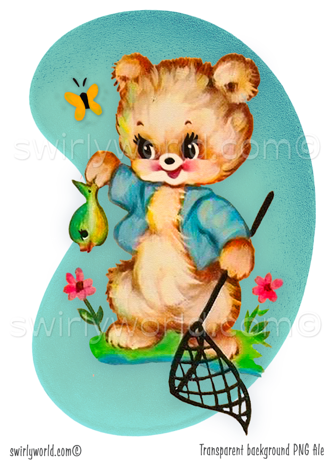 Vintage 1940s-1950s style kitschy woodland teddy bear holding a fish and net, against a retro mid-century modern shaped aqua blue background.